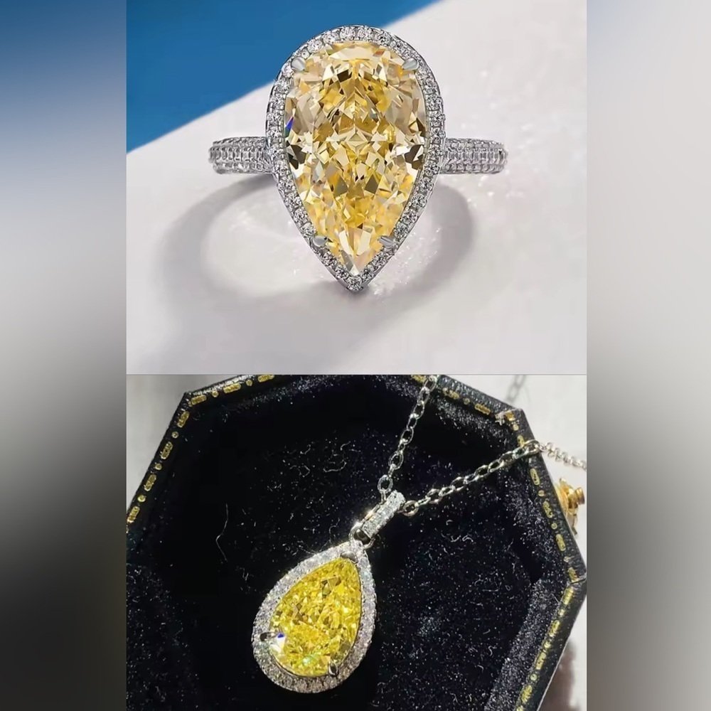 Rosé Elegance Yellow Halo Diamond Silver Ring&Necklace Set
